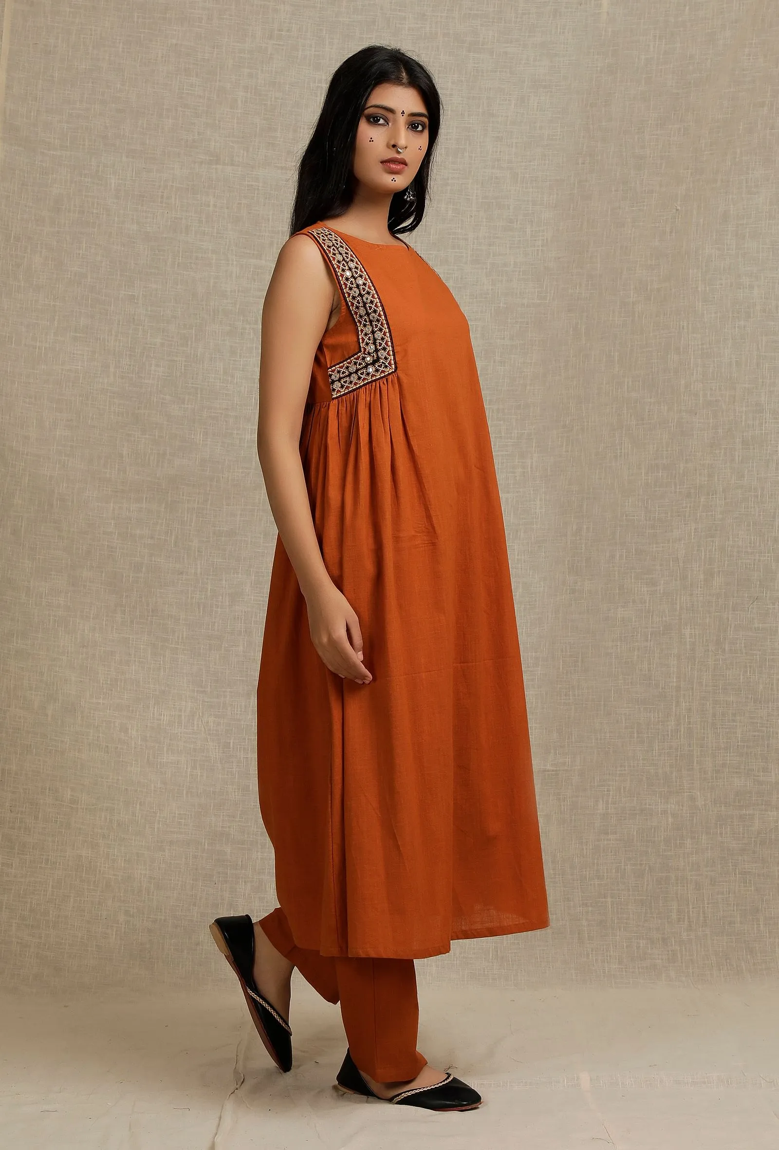 Orange Rust side Gather Kurta with Embroidery Details