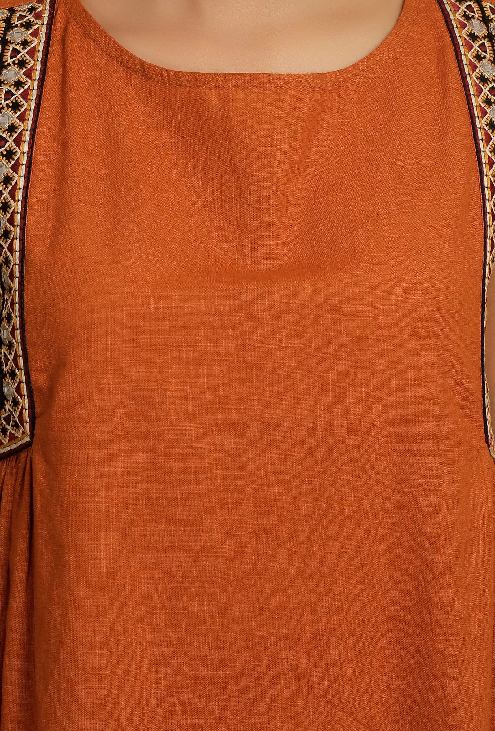 Orange Rust side Gather Kurta with Embroidery Details