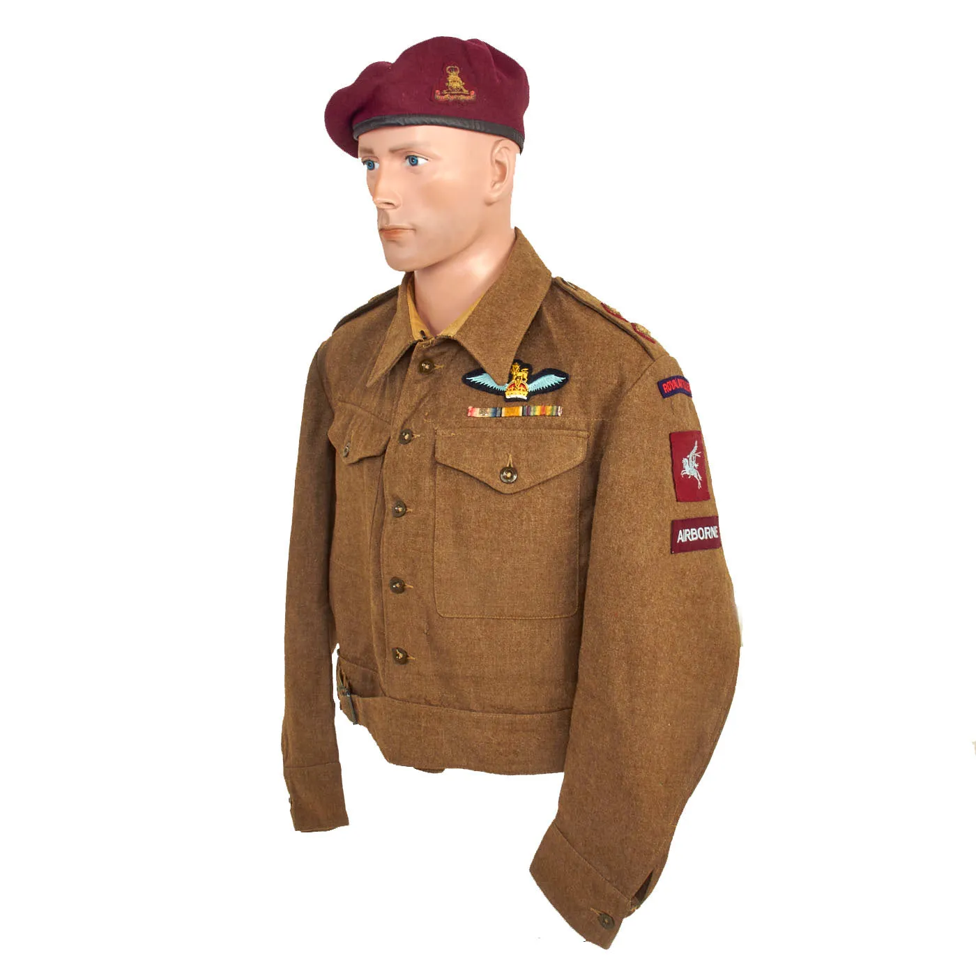 Original British WWII Airborne Royal Artillery P-40 “Battledress” Uniform Set - Beret, Tunic, Trousers, Mesh Tank Top and Belt