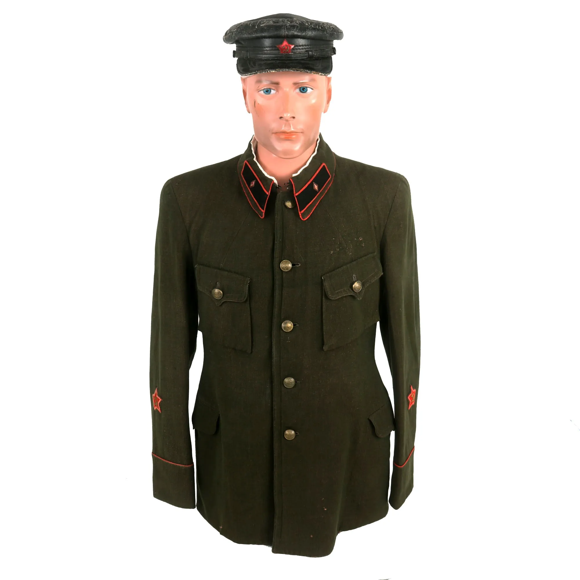 Original Soviet WWII Armored Brigade Commander M-1935 Uniform with Tankist M-1924 Leather Cap