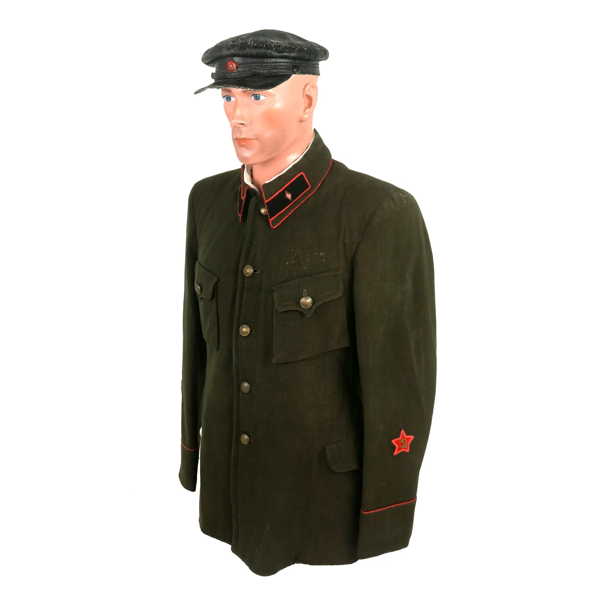 Original Soviet WWII Armored Brigade Commander M-1935 Uniform with Tankist M-1924 Leather Cap