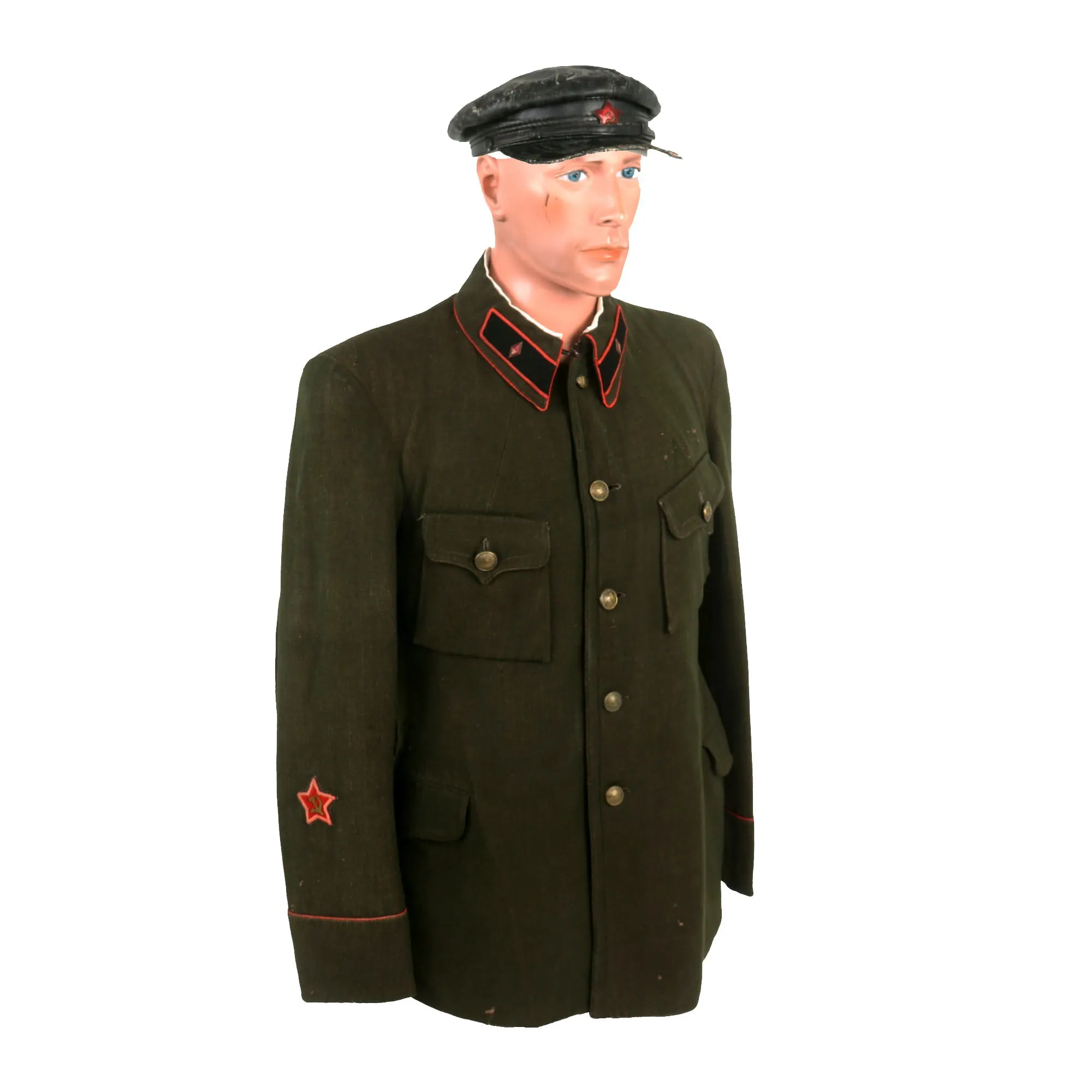 Original Soviet WWII Armored Brigade Commander M-1935 Uniform with Tankist M-1924 Leather Cap