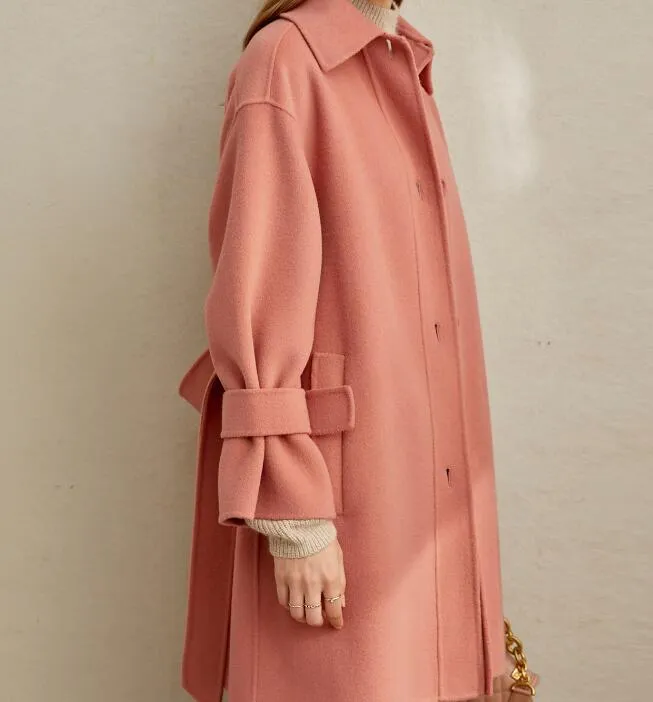 Pink Women Winter Black Long Women Wool Coat Jacket Waist Belt/3366