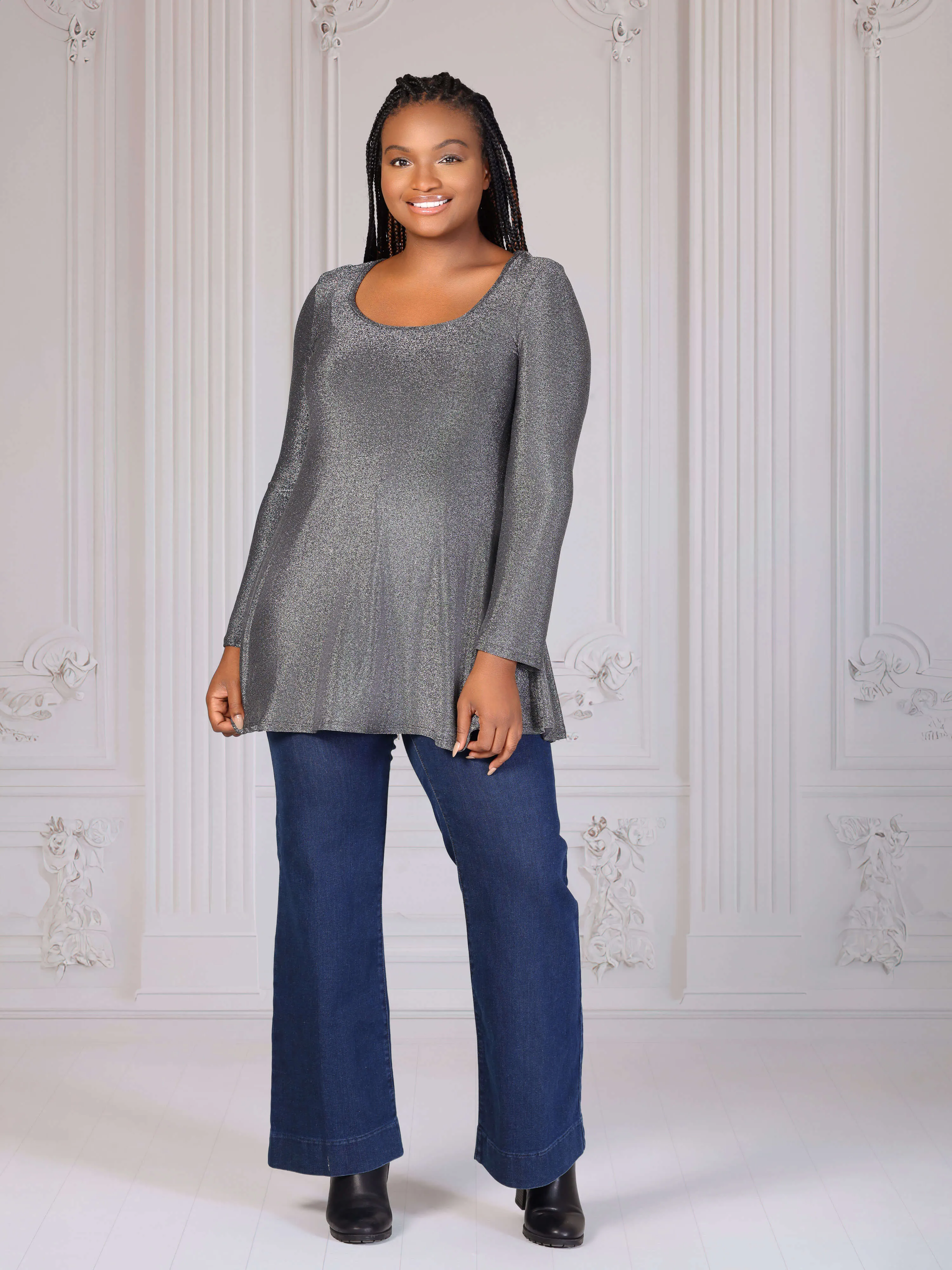 Plus Size Scoop Neck Long Sleeve Shimmery Fabric Tunic Top