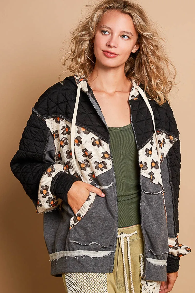 POL OVERSIZED Zip Up Hoodie Jacket with Mixed Fabric and Prints in Black Multi ON ORDER