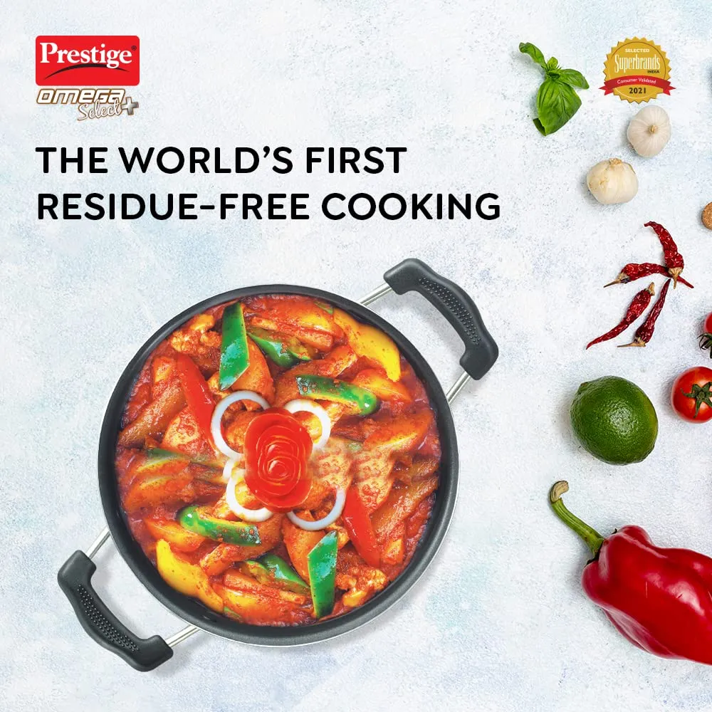 Prestige Omega Select Plus 20Cm- 2.2L Non-Stick Kadai with SS Lid |PFOA Free Teflon Non-Stick Coating | Scratch Resistant | Flat Base |Durable Handles |1 Year Warranty