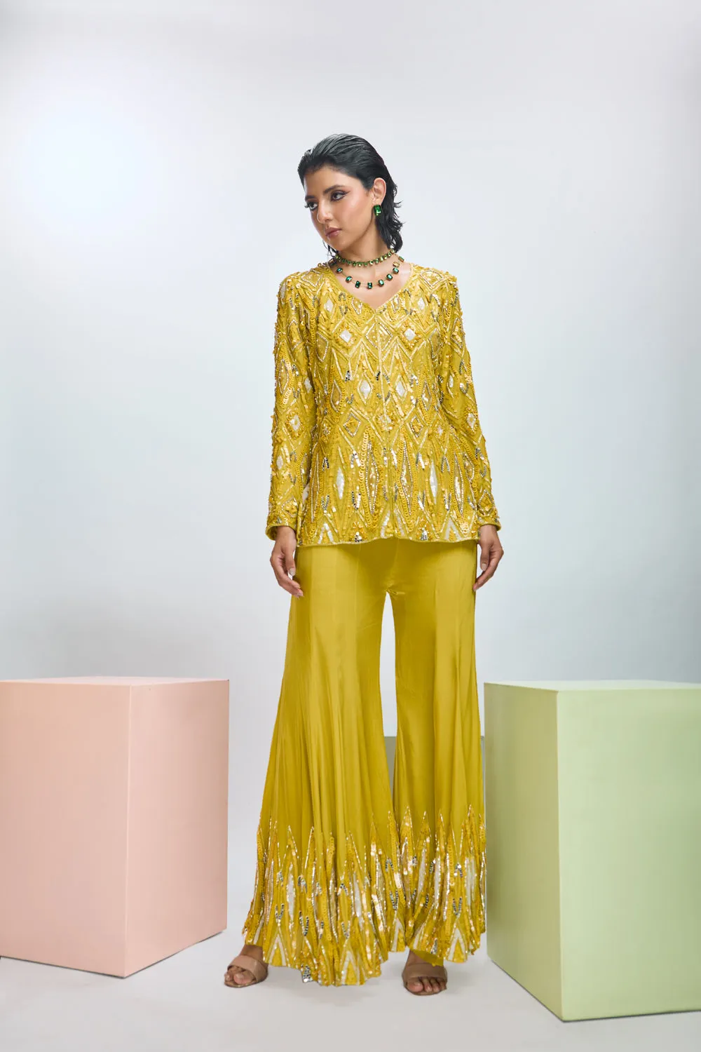 Sequins Embroidered Jacket Tunic With Pant