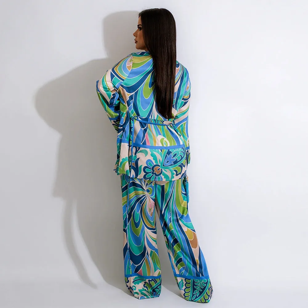 Sexy Blue Multicolor Abstract Print 3 Piece Pants Set