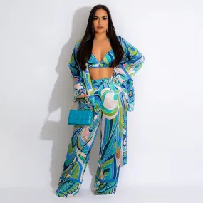 Sexy Blue Multicolor Abstract Print 3 Piece Pants Set