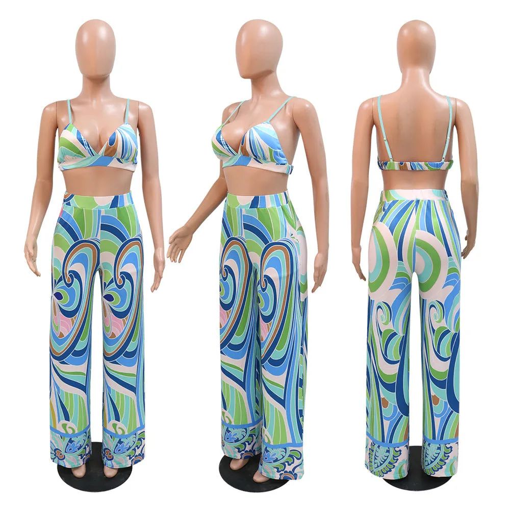 Sexy Blue Multicolor Abstract Print 3 Piece Pants Set