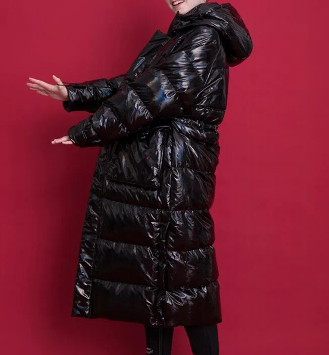 Shiny Black Long Women Winter Plus size Side Pockets Down Jacket Women Down Coats Any Size