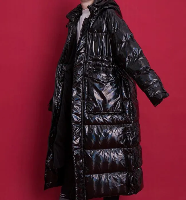 Shiny Black Long Women Winter Plus size Side Pockets Down Jacket Women Down Coats Any Size