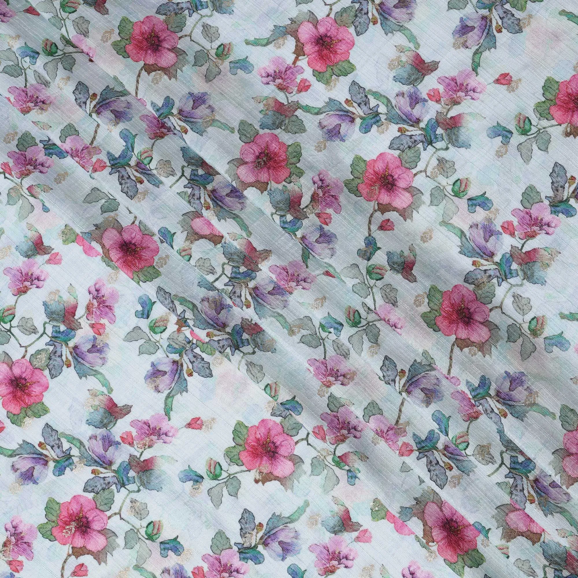 Soft Blue Floral Linen-Cotton Blend Fabric, 110 cm Wide, Made in India-D20971