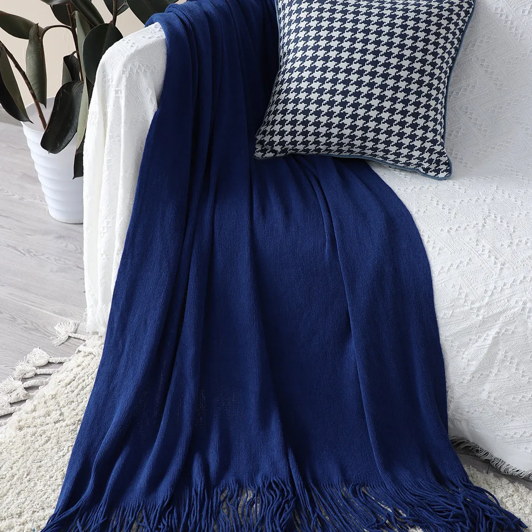 SOGA 2X Royal Blue Acrylic Knitted Throw Blanket Solid Fringed Warm Cozy Woven Cover Couch Bed Sofa Home Decor