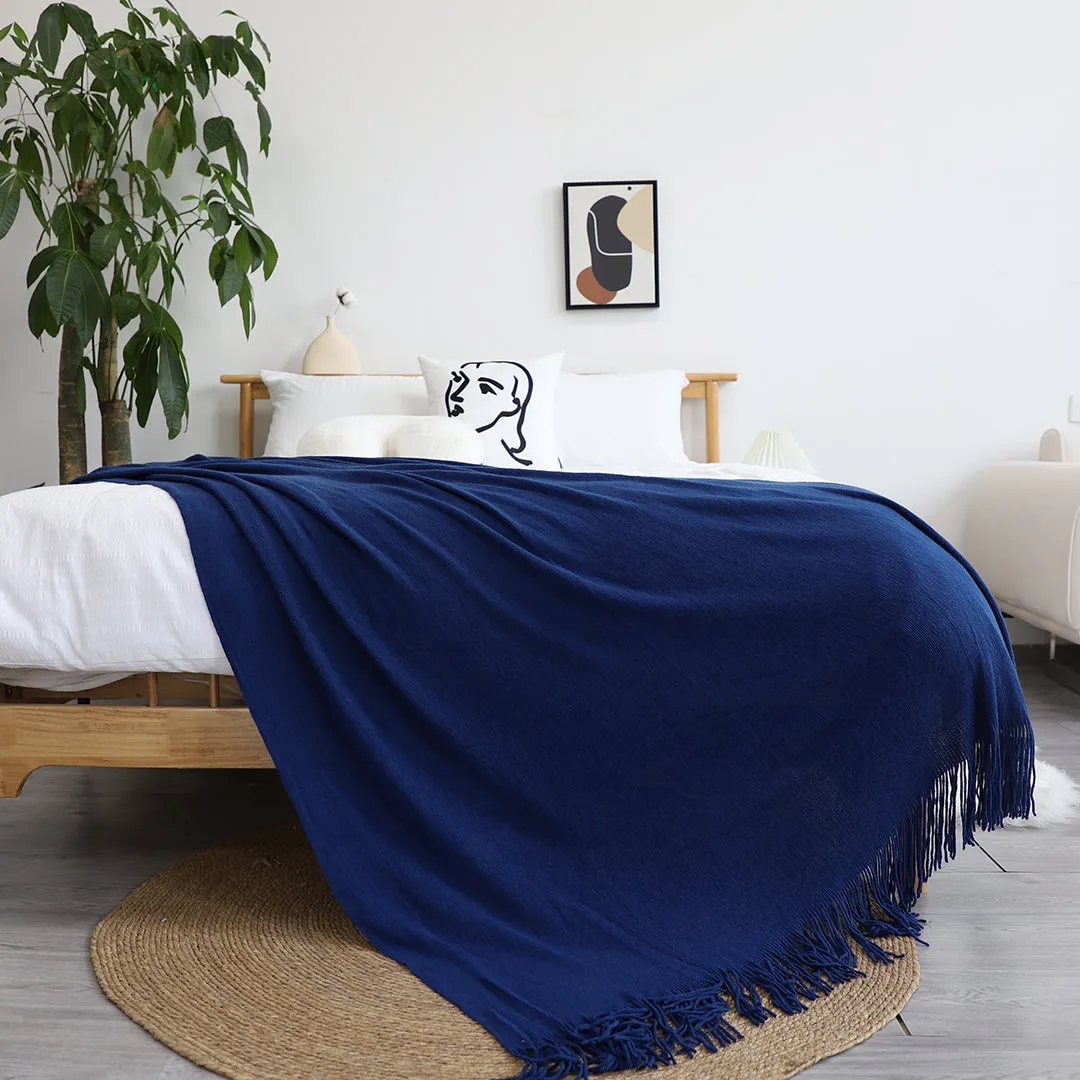 SOGA 2X Royal Blue Acrylic Knitted Throw Blanket Solid Fringed Warm Cozy Woven Cover Couch Bed Sofa Home Decor