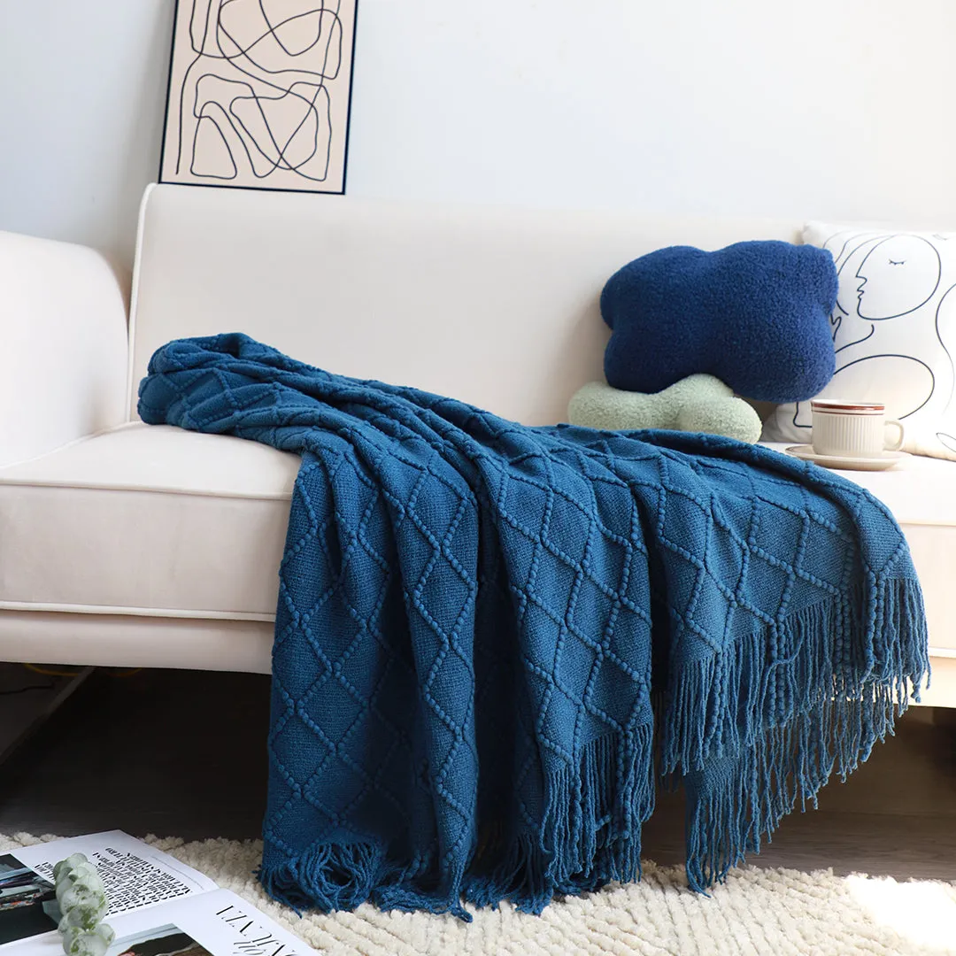 SOGA 2X Royal Blue Diamond Pattern Knitted Throw Blanket Warm Cozy Woven Cover Couch Bed Sofa Home Decor with Tassels