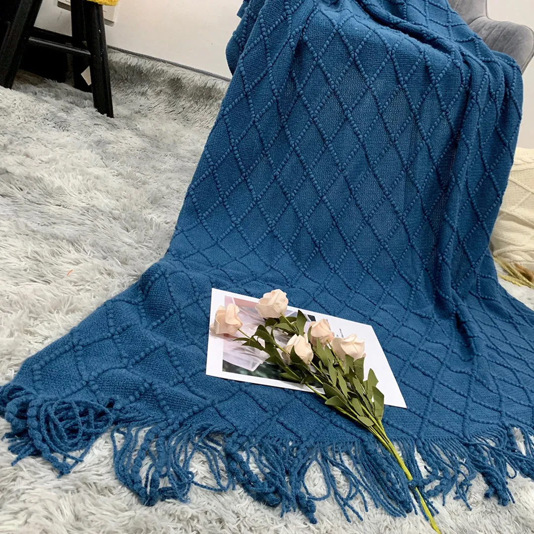 SOGA 2X Royal Blue Diamond Pattern Knitted Throw Blanket Warm Cozy Woven Cover Couch Bed Sofa Home Decor with Tassels