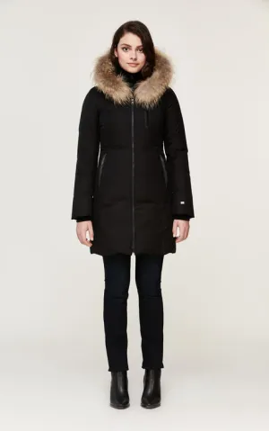 SOIA & KYO WOMENS CHRISTY BRUSHED DOWN COAT WITH NATURAL FUR BLACK