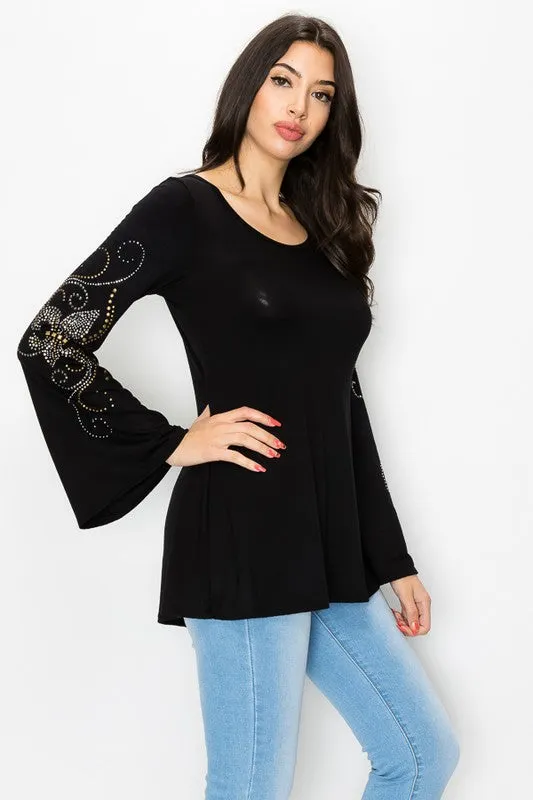 T-Party Fleur de Lis Rhinestones Top - Black