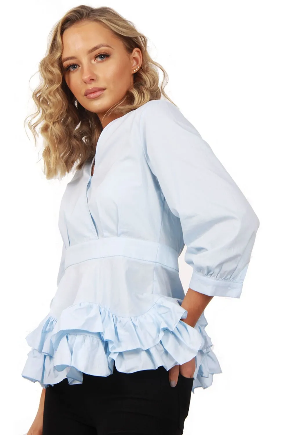 V neck Ruffle Skirt Hem Puffer Sleeves Top