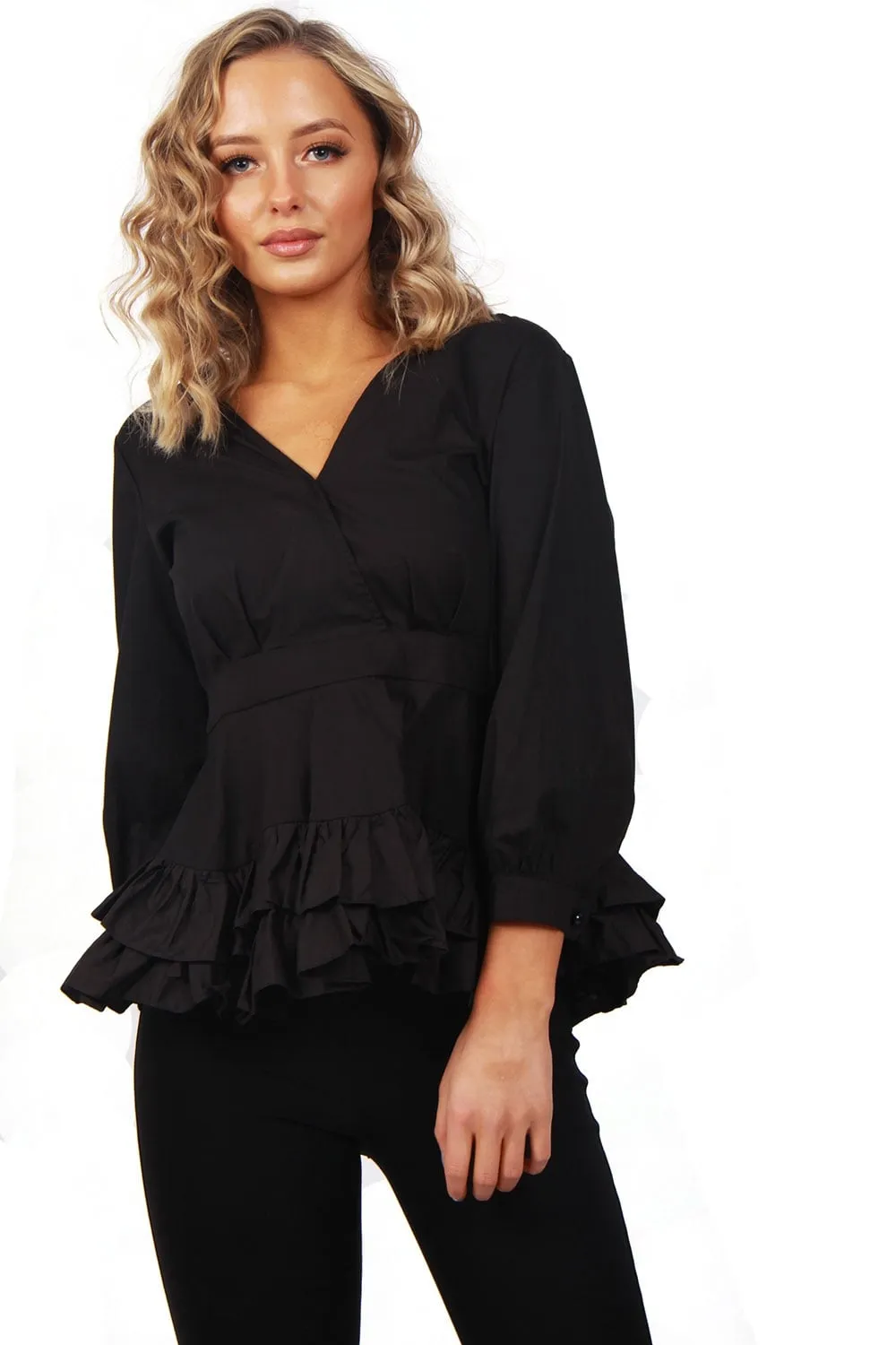 V neck Ruffle Skirt Hem Puffer Sleeves Top