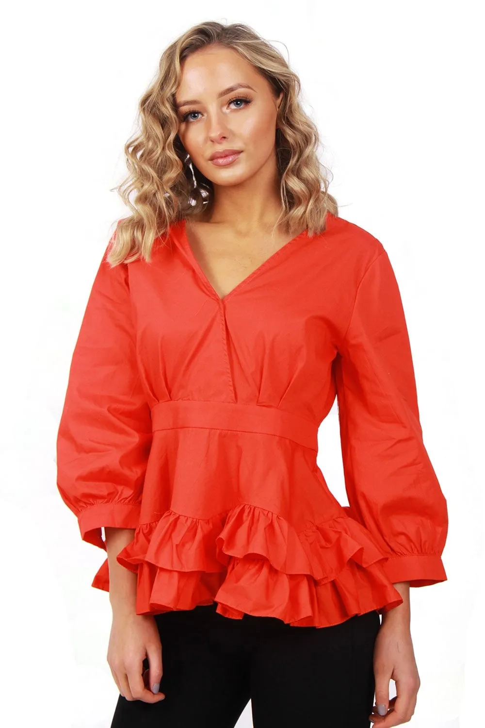 V neck Ruffle Skirt Hem Puffer Sleeves Top