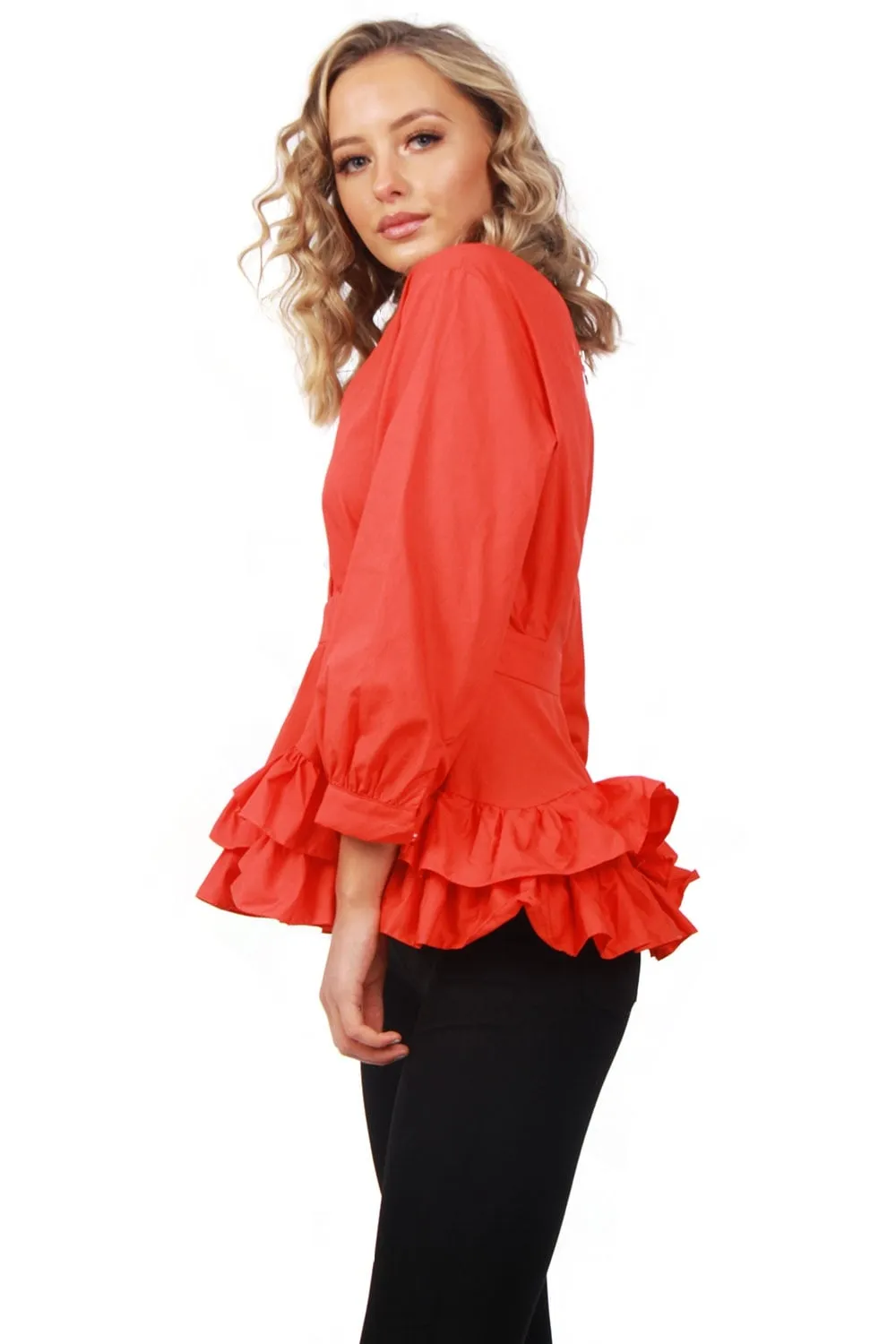 V neck Ruffle Skirt Hem Puffer Sleeves Top