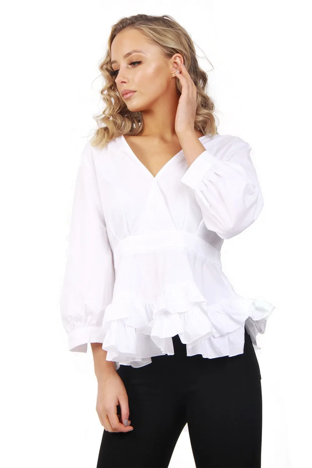 V neck Ruffle Skirt Hem Puffer Sleeves Top