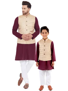 VASTRAMAY Beige, Purple And White Baap Beta Nehru Jacket Kurta Pyjama set