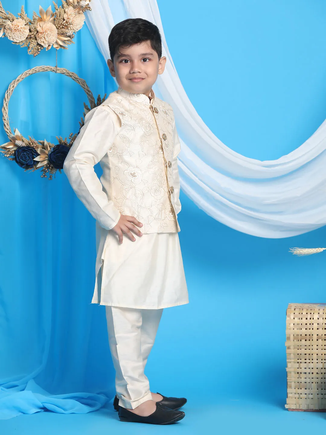 Vastramay Boy's Beige Nehru Jacket With Cream Kurta And Pyjama Set