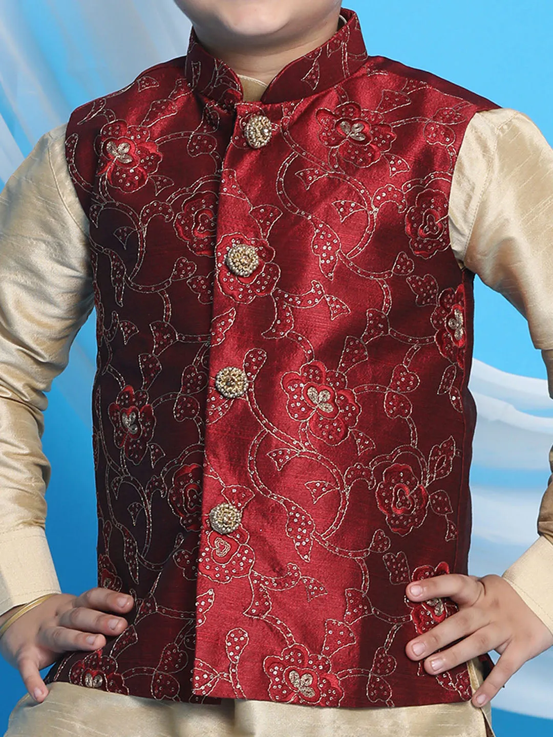 Vastramay Boy's Maroon Embroidered Nehru Jacket With Gold Kurta And Maroon Dhoti Set