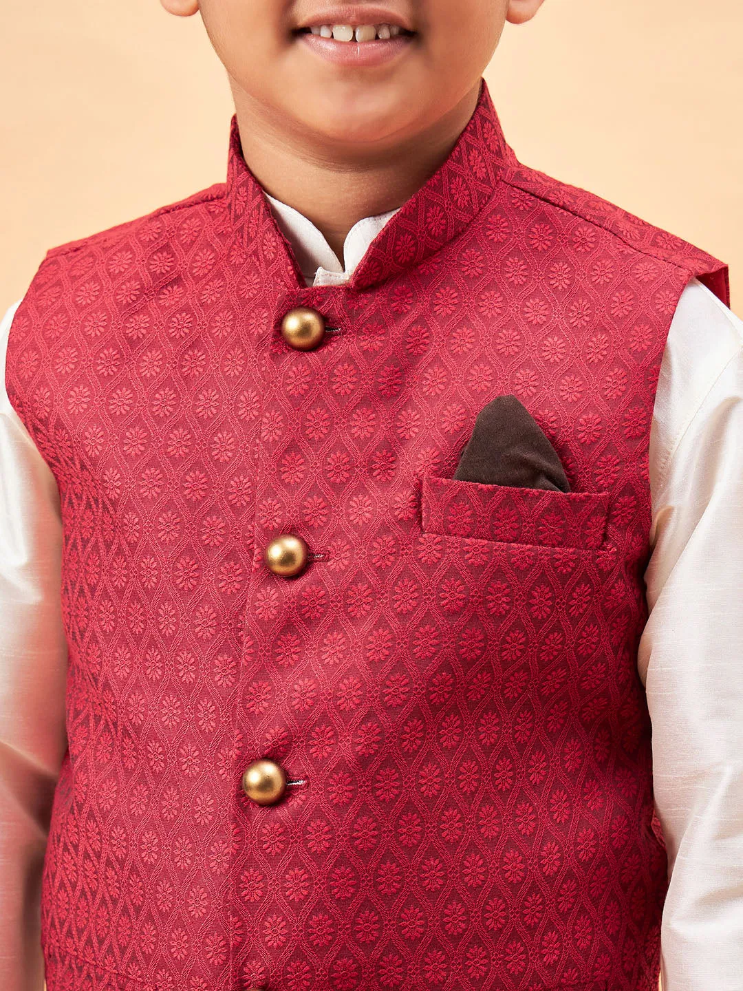 VASTRAMAY Boy's Maroon Nehru Jacket With Cream Kurta And Pyjama Set