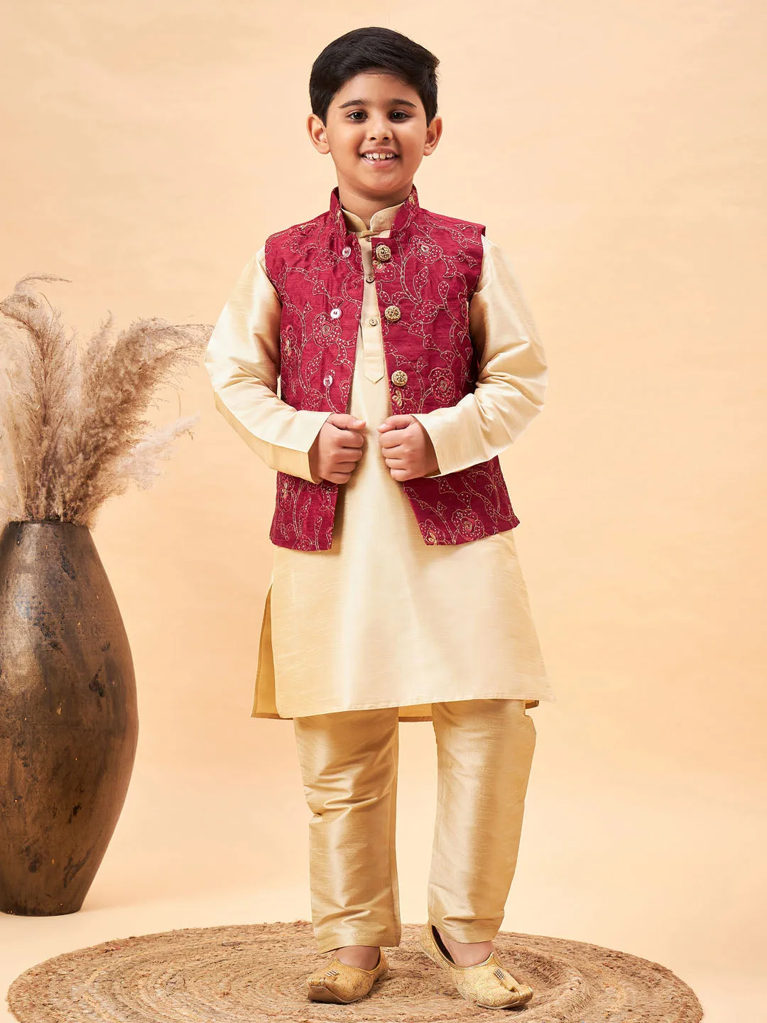 VASTRAMAY Boy's Maroon Nehru Jacket With Gold Kurta And Pyjama Set