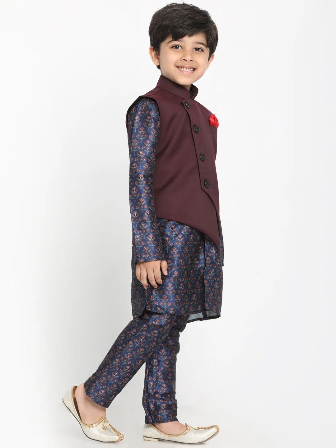 Vastramay Boy's Maroon Twill Jacket, Printed Kurta and Pyjama Set