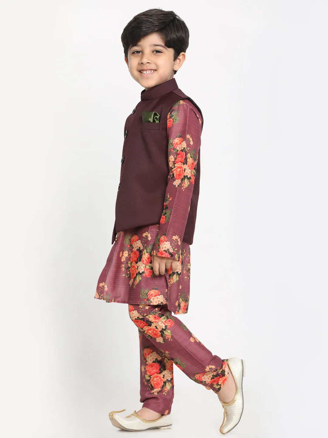 Vastramay Boy's Maroon Twill Jacket, Printed Kurta and Pyjama Set