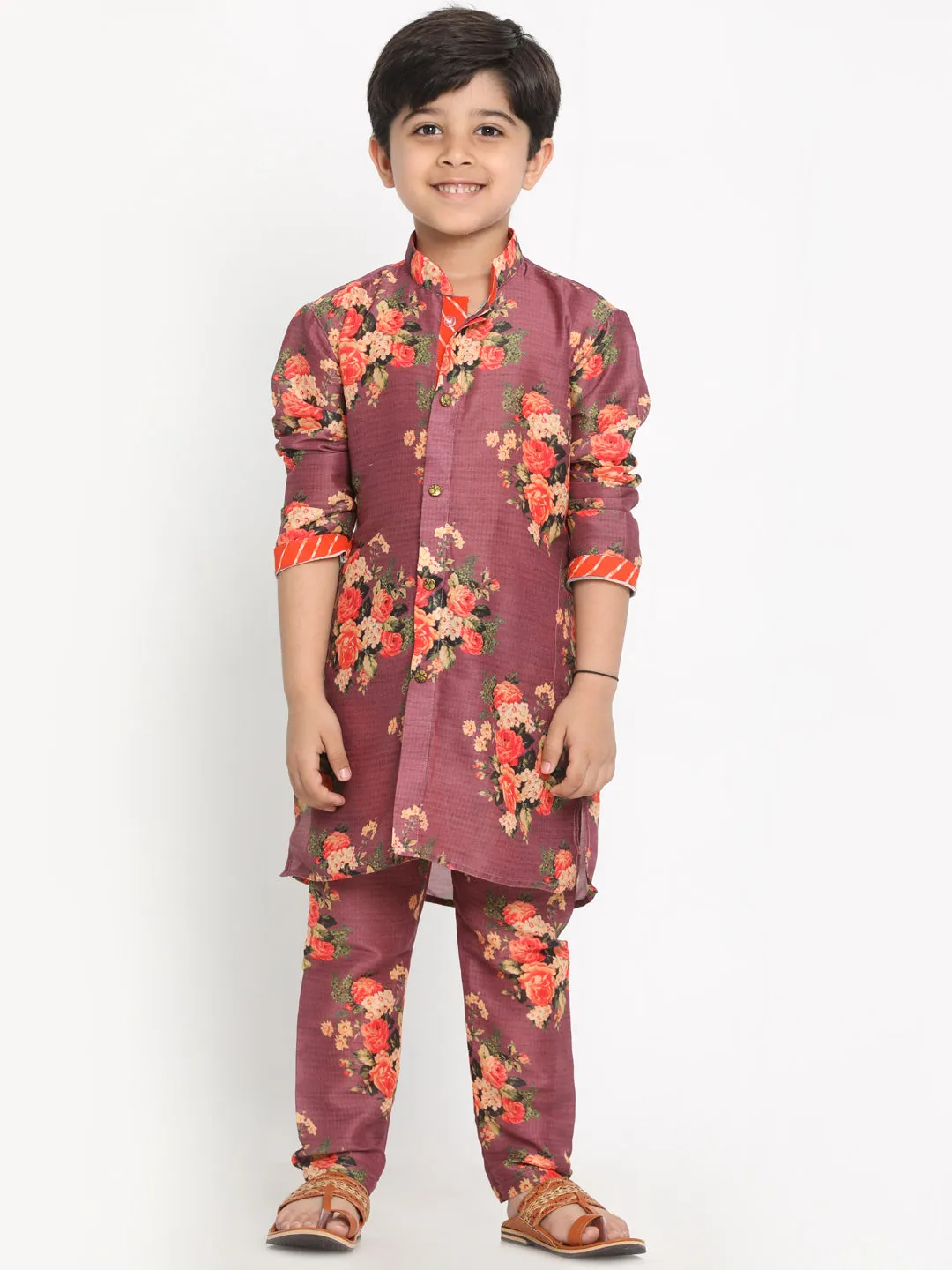 Vastramay Boy's Maroon Twill Jacket, Printed Kurta and Pyjama Set