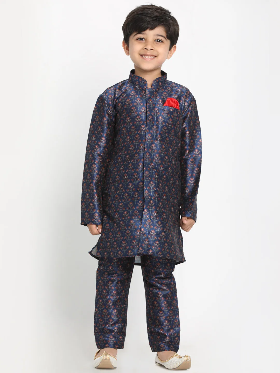 Vastramay Boy's Maroon Twill Jacket, Printed Kurta and Pyjama Set