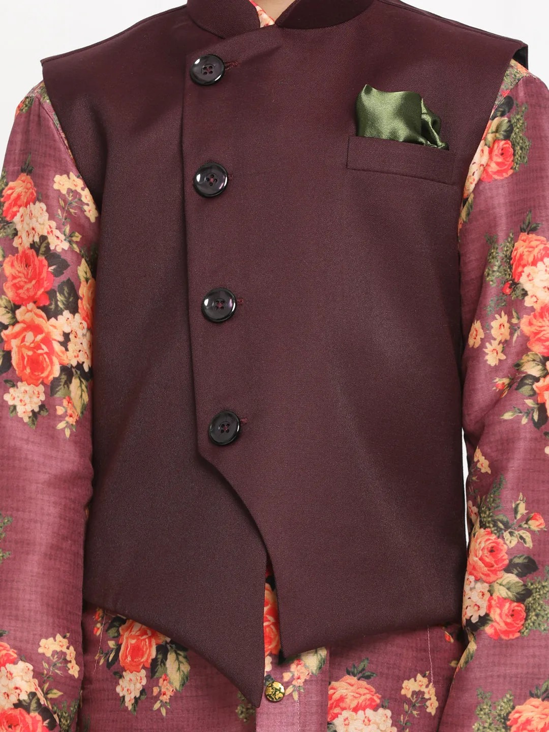 Vastramay Boy's Maroon Twill Jacket, Printed Kurta and Pyjama Set