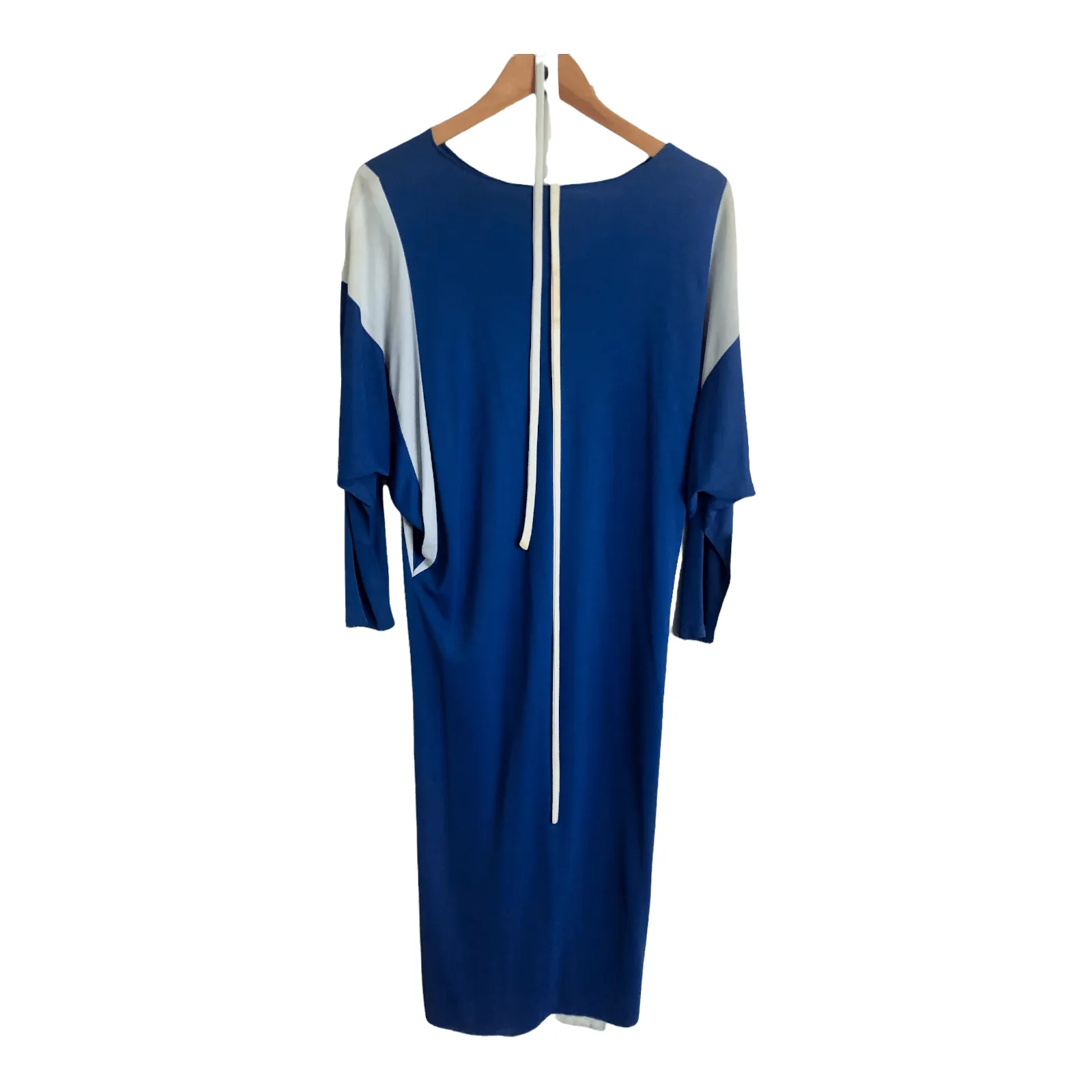 Vintage 70s Unbranded Triacetate 7/8 Dolman Sleeve Belted Tunic Maxi Dress Two Tone Blue S-M