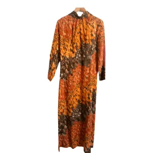 Vintage Jean Allen London Est. 100% Cotton Long Sleeve Maxi Tunic Dress Orange Grey Multi Geometric Print UK Size 10-12