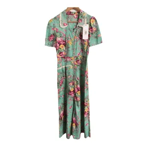 Vintage Ken Rose 100% Cotton Short Sleeve Tunic Maxi Dress Green Pink Floral Print UK Size 12