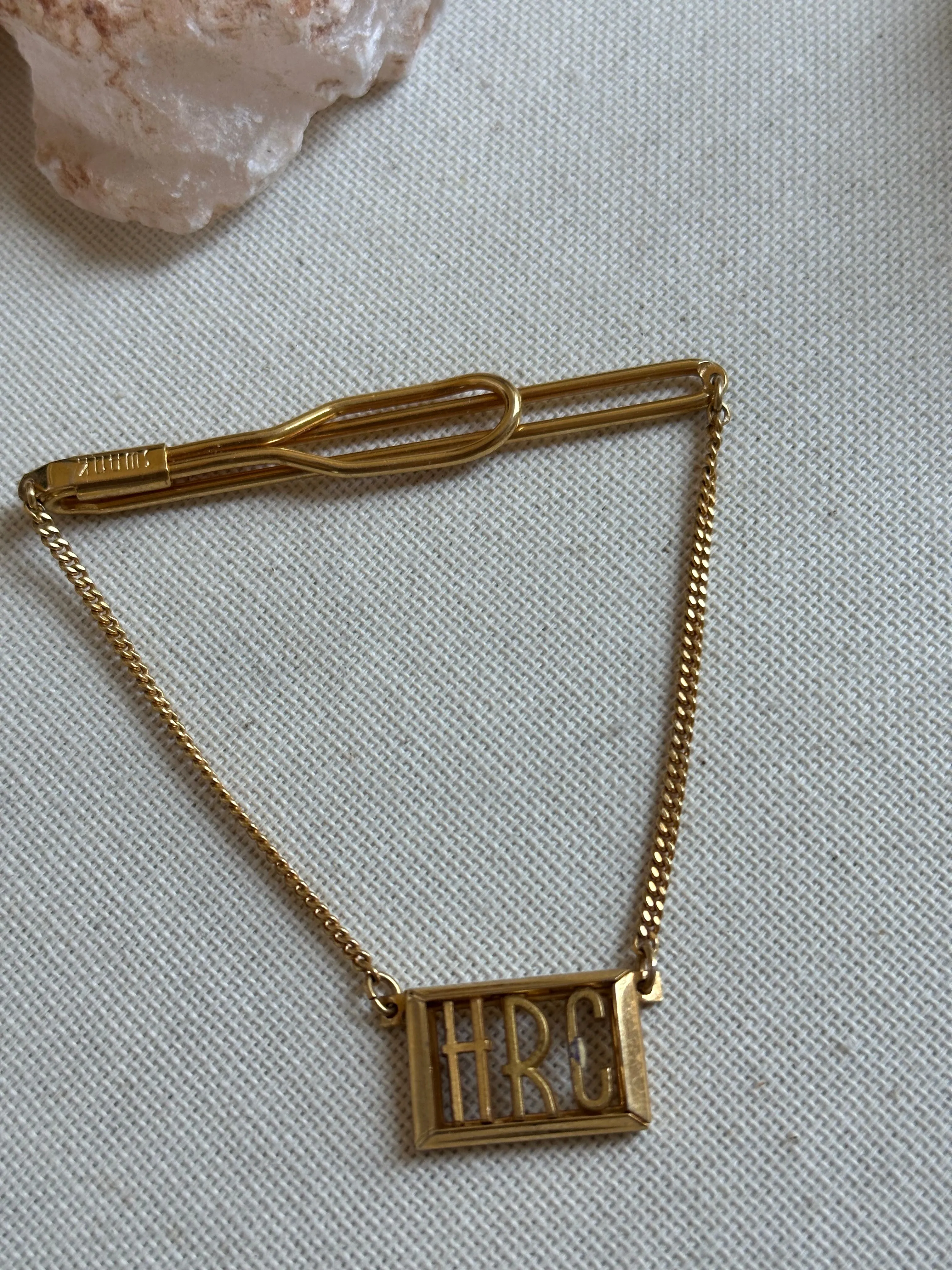 Vintage Matte Gold "HRC" Monogrammed Tie Bar with Chain