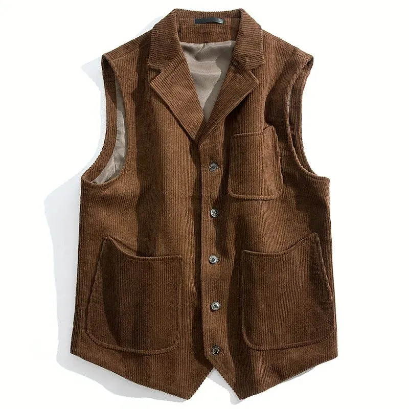 Wiaofellas  -  Men Vest Black And Coffee Retro Work Vest Single Breasted Flip Collar Men's Vest Formal Casual New Coat