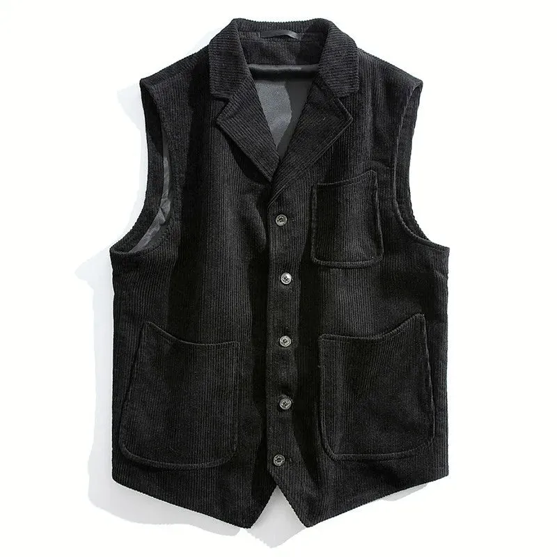 Wiaofellas  -  Men Vest Black And Coffee Retro Work Vest Single Breasted Flip Collar Men's Vest Formal Casual New Coat