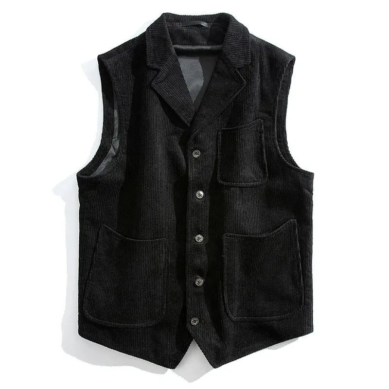 Wiaofellas  -  Men Vest Black And Coffee Retro Work Vest Single Breasted Flip Collar Men's Vest Formal Casual New Coat