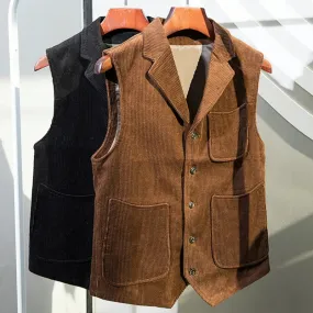 Wiaofellas  -  Men Vest Black And Coffee Retro Work Vest Single Breasted Flip Collar Men's Vest Formal Casual New Coat