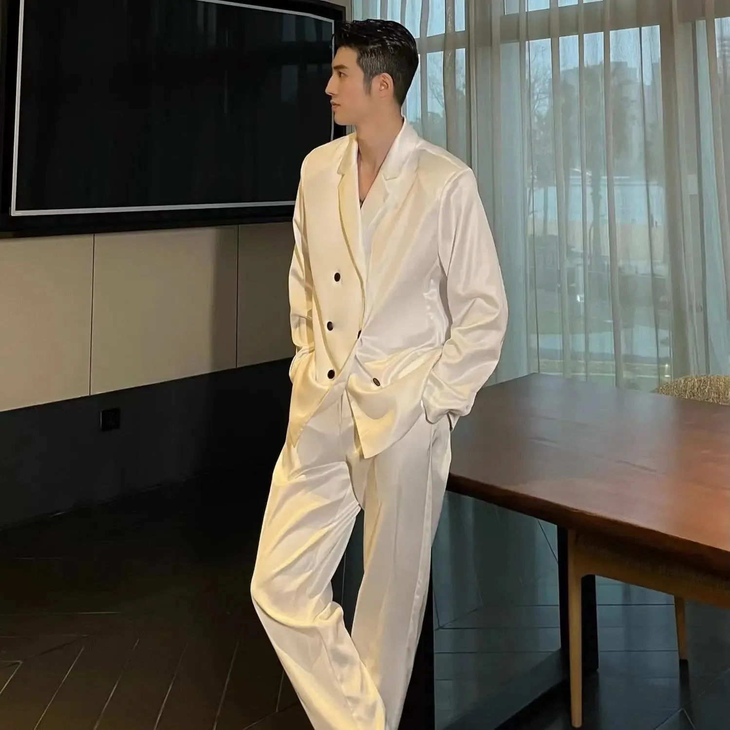 Wiaofellas Spring New Niche Casual Temperament Suit  Fashion Loose High Street Loose Overcoat Long Pants Men Trousers Set Male Clothes