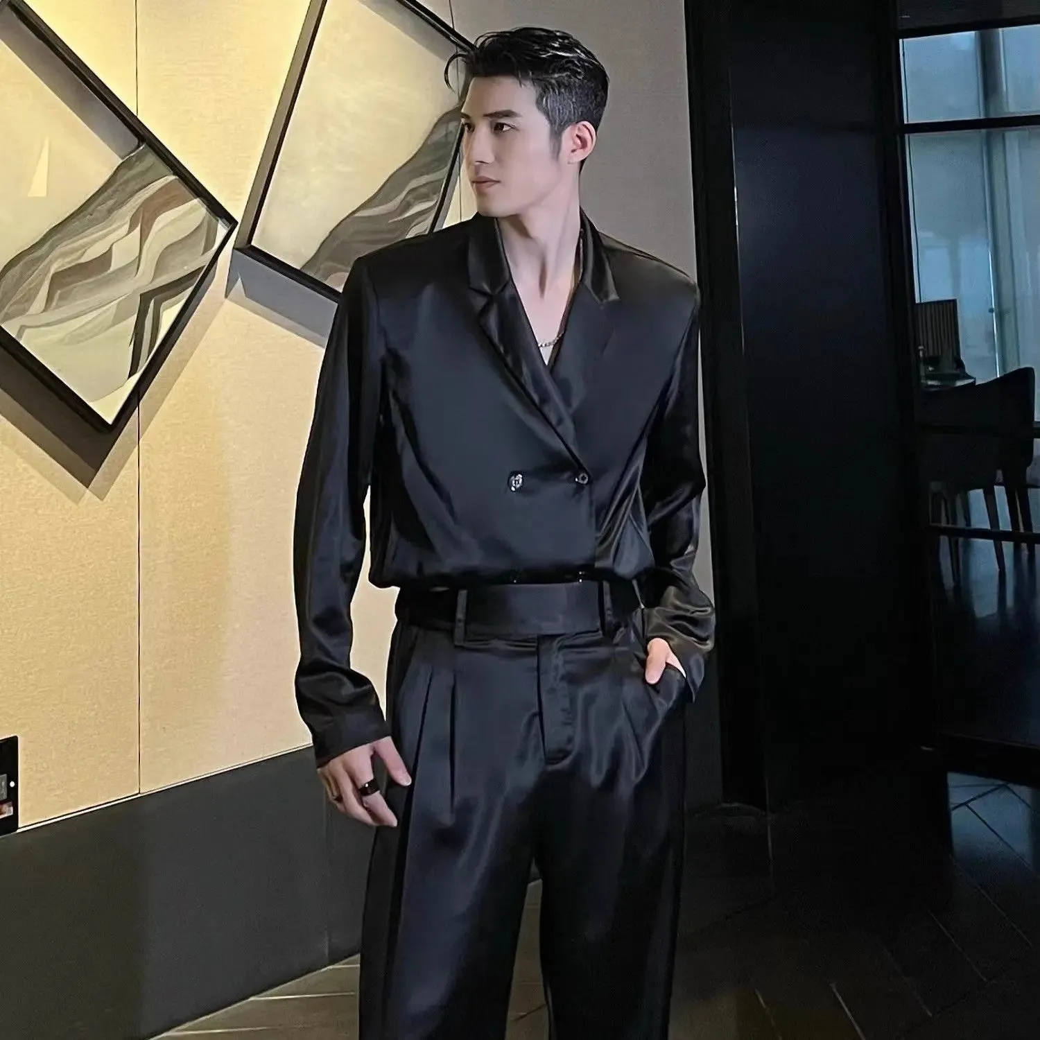 Wiaofellas Spring New Niche Casual Temperament Suit  Fashion Loose High Street Loose Overcoat Long Pants Men Trousers Set Male Clothes