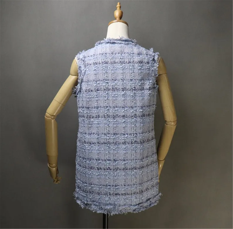 Womens Designer Inspired CUSTOM MADE Check Pattern Tweed Mid Length Vest Gilet 2 Colours