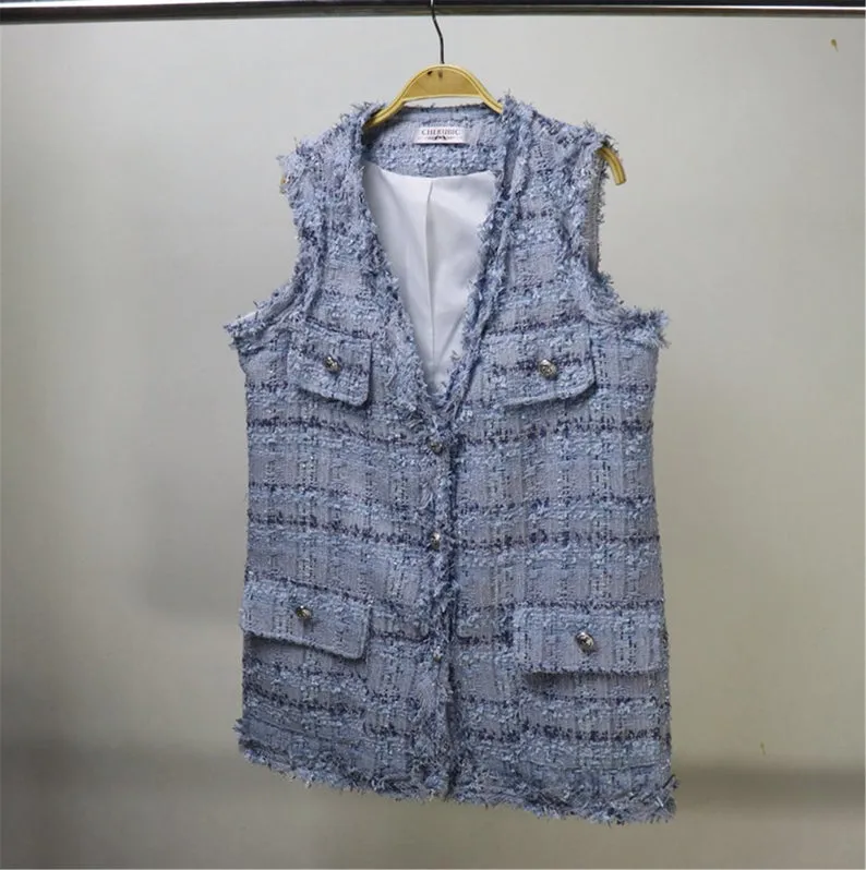 Womens Designer Inspired CUSTOM MADE Check Pattern Tweed Mid Length Vest Gilet 2 Colours